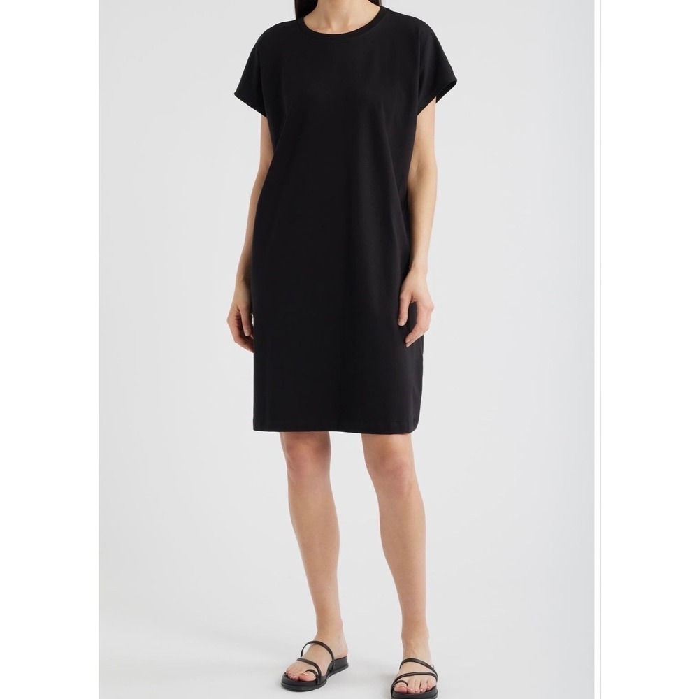 Eileen Fisher T-Shirt Shift Dress Black Jersey Short Sleeve Small Medium Petite